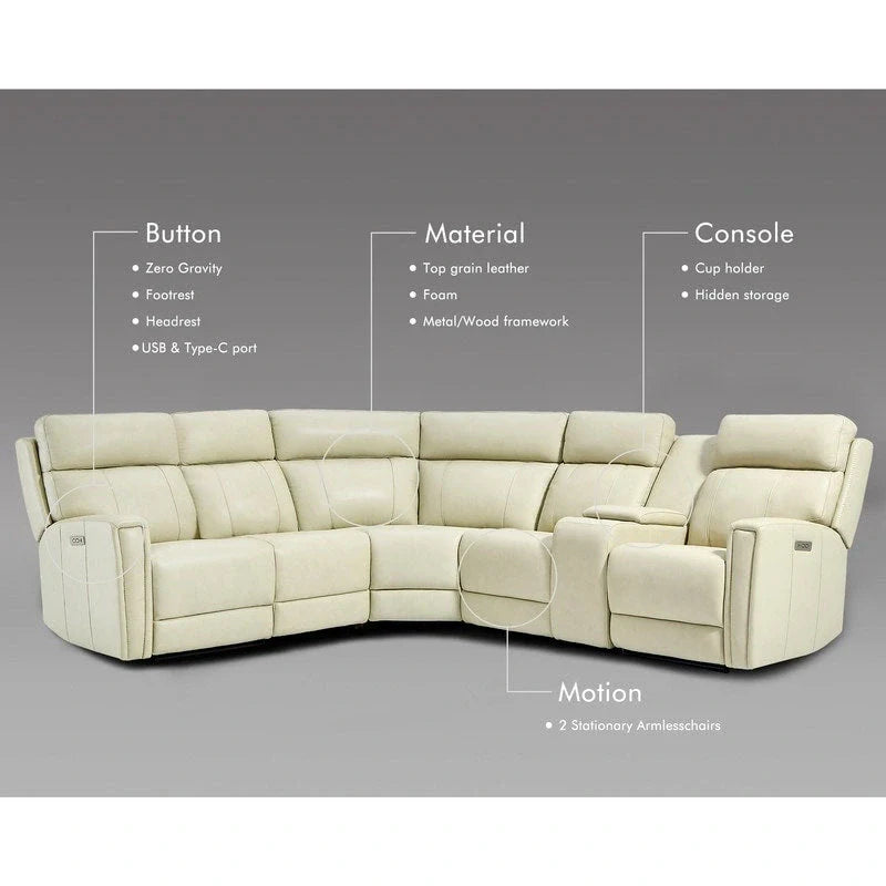 104 W Genuine Leather Power Recliner Sectional Sofa with Zero Gravity, Ajustable Headrest, USB Ports & Console