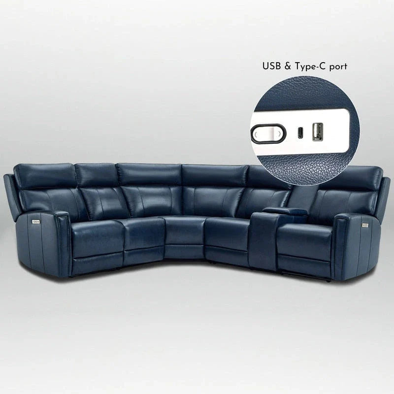 104 W Genuine Leather Power Recliner Sectional Sofa with Zero Gravity, Ajustable Headrest, USB Ports & Console