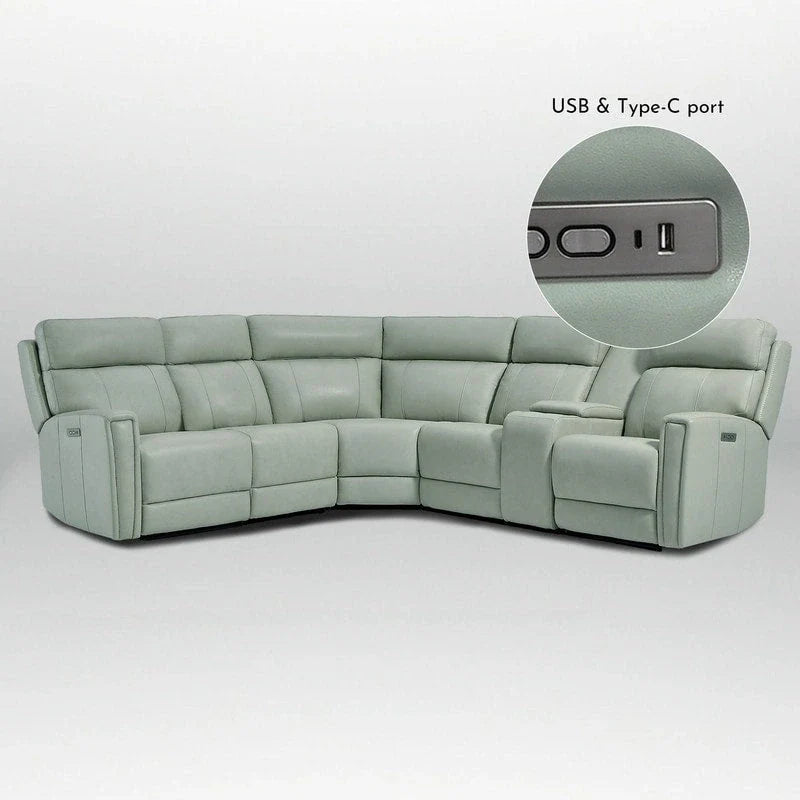 104 W Genuine Leather Power Recliner Sectional Sofa with Zero Gravity, Ajustable Headrest, USB Ports & Console