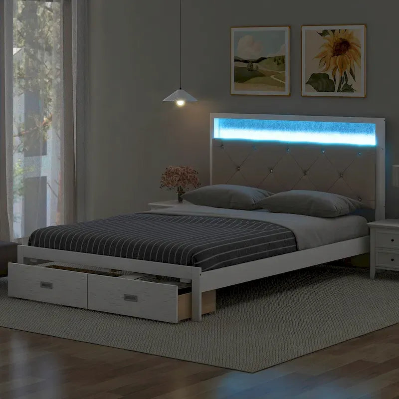Wood Queen Size Platform Bed with Upholstered Headboard and LED and 2 Drawers