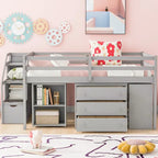 Full Size Loft Bed with Retractable Writing Desk and 3 Drawers, Wooden Loft Bed with Storage Stairs and Shelves