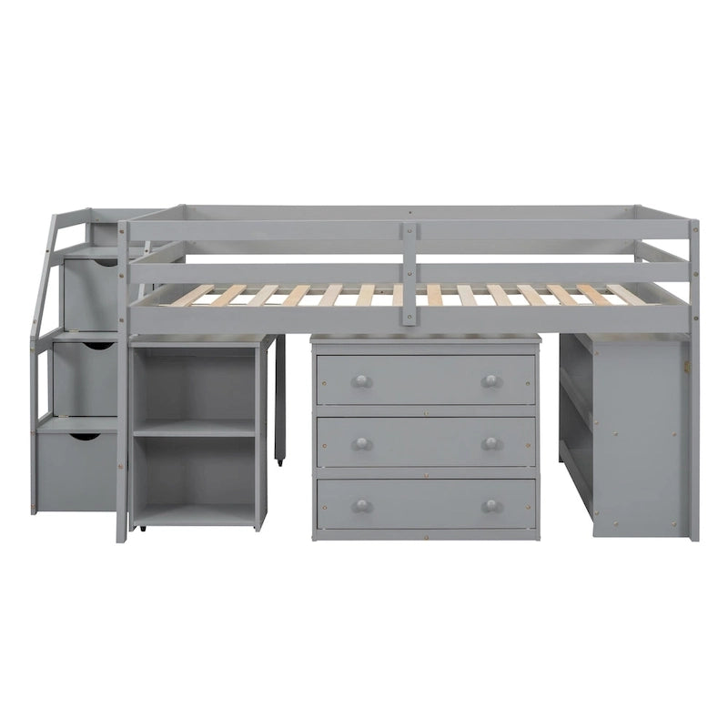 Full Size Loft Bed with Retractable Writing Desk and 3 Drawers, Wooden Loft Bed with Storage Stairs and Shelves