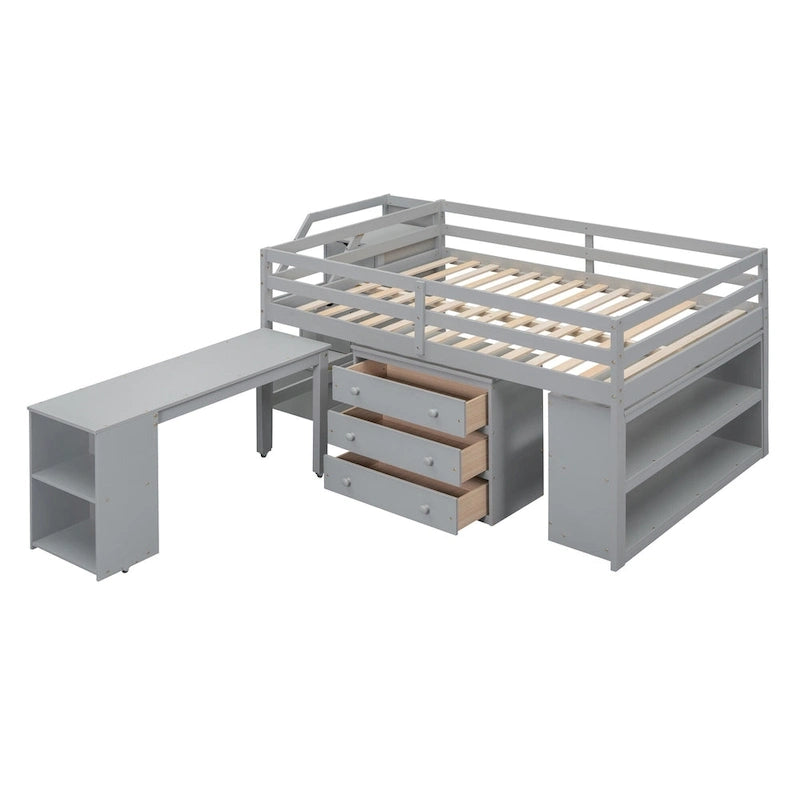 Full Size Loft Bed with Retractable Writing Desk and 3 Drawers, Wooden Loft Bed with Storage Stairs and Shelves