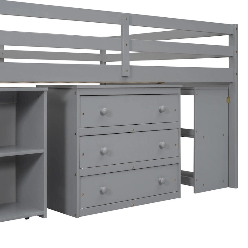 Full Size Loft Bed with Retractable Writing Desk and 3 Drawers, Wooden Loft Bed with Storage Stairs and Shelves