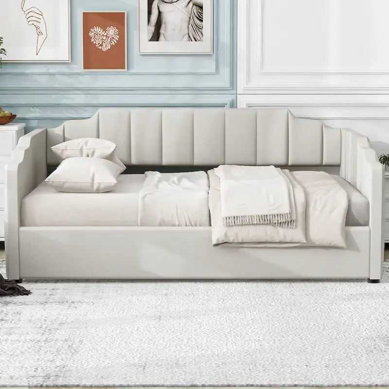 Upholstered Frame Daybed with Underneath Flip-up Storage and Irregular Guardrail, Full Size Sofa Bed for Bedroom Living Room