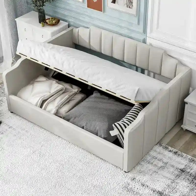 Upholstered Frame Daybed with Underneath Flip-up Storage and Irregular Guardrail, Full Size Sofa Bed for Bedroom Living Room