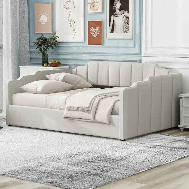 Upholstered Frame Daybed with Underneath Flip-up Storage and Irregular Guardrail, Full Size Sofa Bed for Bedroom Living Room