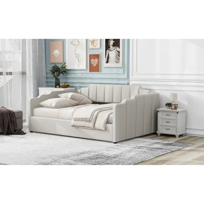 Upholstered Frame Daybed with Underneath Flip-up Storage and Irregular Guardrail, Full Size Sofa Bed for Bedroom Living Room