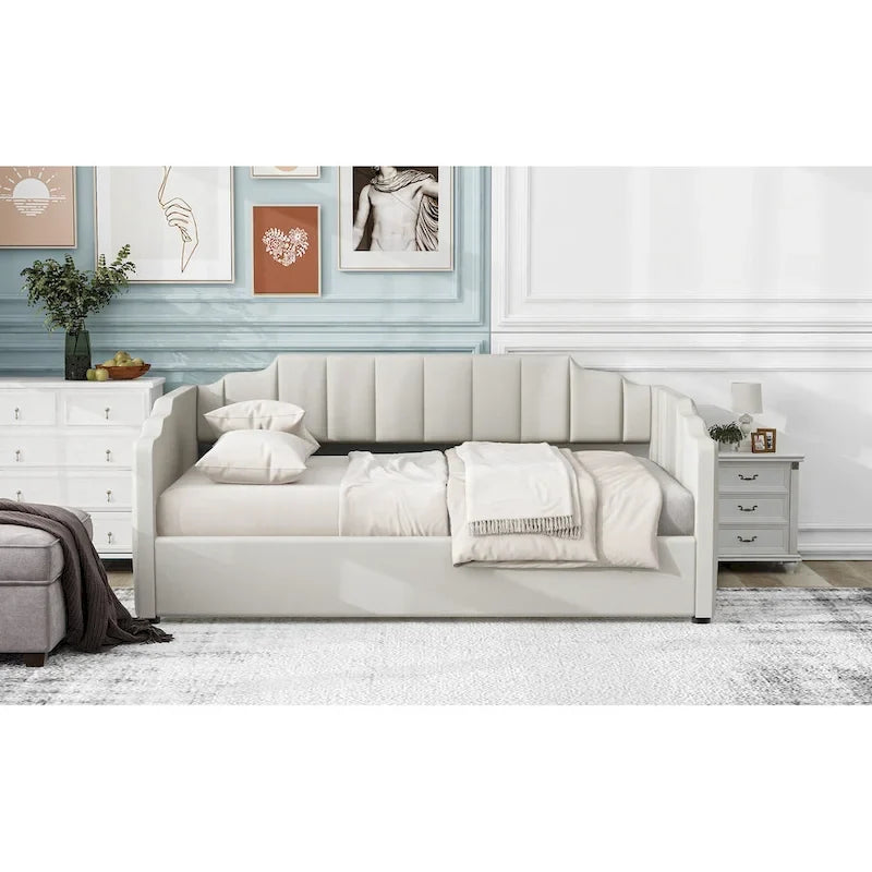 Upholstered Frame Daybed with Underneath Flip-up Storage and Irregular Guardrail, Full Size Sofa Bed for Bedroom Living Room