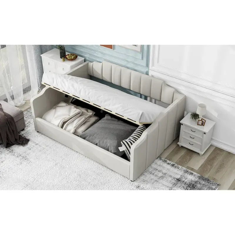 Upholstered Frame Daybed with Underneath Flip-up Storage and Irregular Guardrail, Full Size Sofa Bed for Bedroom Living Room