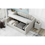 Upholstered Frame Daybed with Underneath Flip-up Storage and Irregular Guardrail, Full Size Sofa Bed for Bedroom Living Room