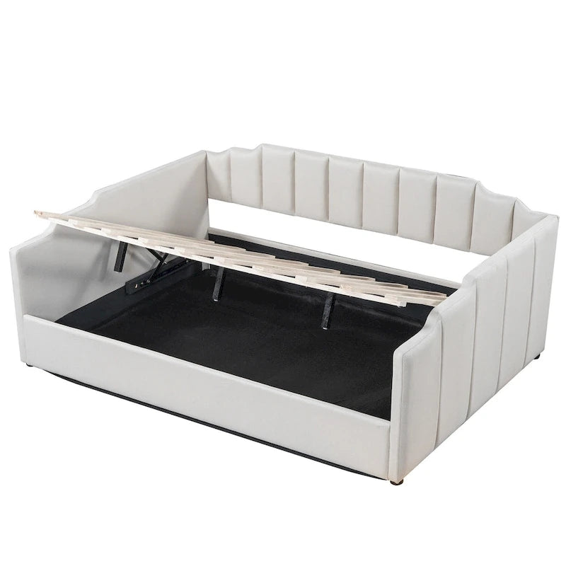 Upholstered Frame Daybed with Underneath Flip-up Storage and Irregular Guardrail, Full Size Sofa Bed for Bedroom Living Room