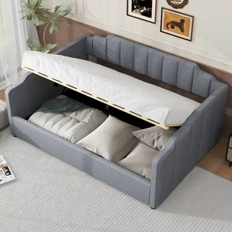 Upholstered Frame Daybed with Underneath Flip-up Storage and Irregular Guardrail, Full Size Sofa Bed for Bedroom Living Room