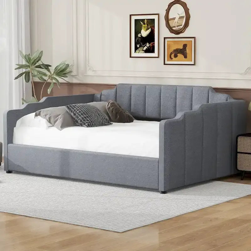 Upholstered Frame Daybed with Underneath Flip-up Storage and Irregular Guardrail, Full Size Sofa Bed for Bedroom Living Room