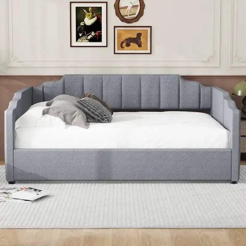 Upholstered Frame Daybed with Underneath Flip-up Storage and Irregular Guardrail, Full Size Sofa Bed for Bedroom Living Room