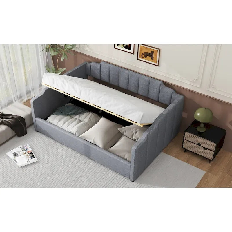 Upholstered Frame Daybed with Underneath Flip-up Storage and Irregular Guardrail, Full Size Sofa Bed for Bedroom Living Room