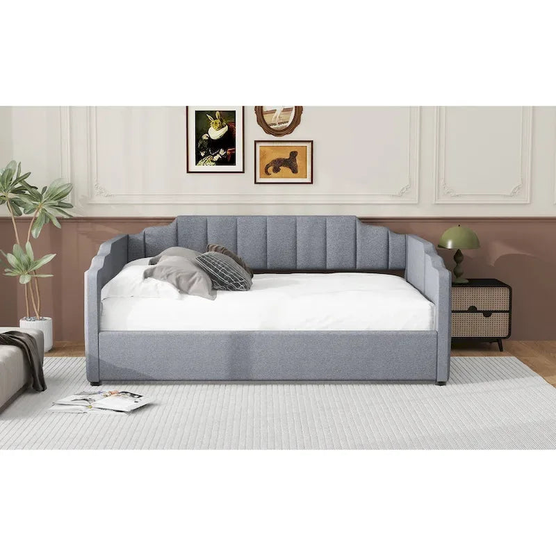 Upholstered Frame Daybed with Underneath Flip-up Storage and Irregular Guardrail, Full Size Sofa Bed for Bedroom Living Room