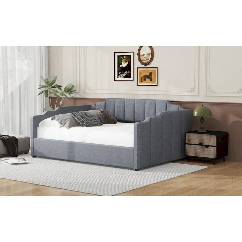 Upholstered Frame Daybed with Underneath Flip-up Storage and Irregular Guardrail, Full Size Sofa Bed for Bedroom Living Room