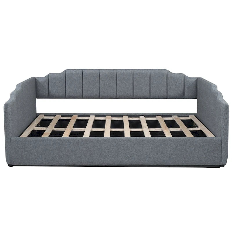 Upholstered Frame Daybed with Underneath Flip-up Storage and Irregular Guardrail, Full Size Sofa Bed for Bedroom Living Room