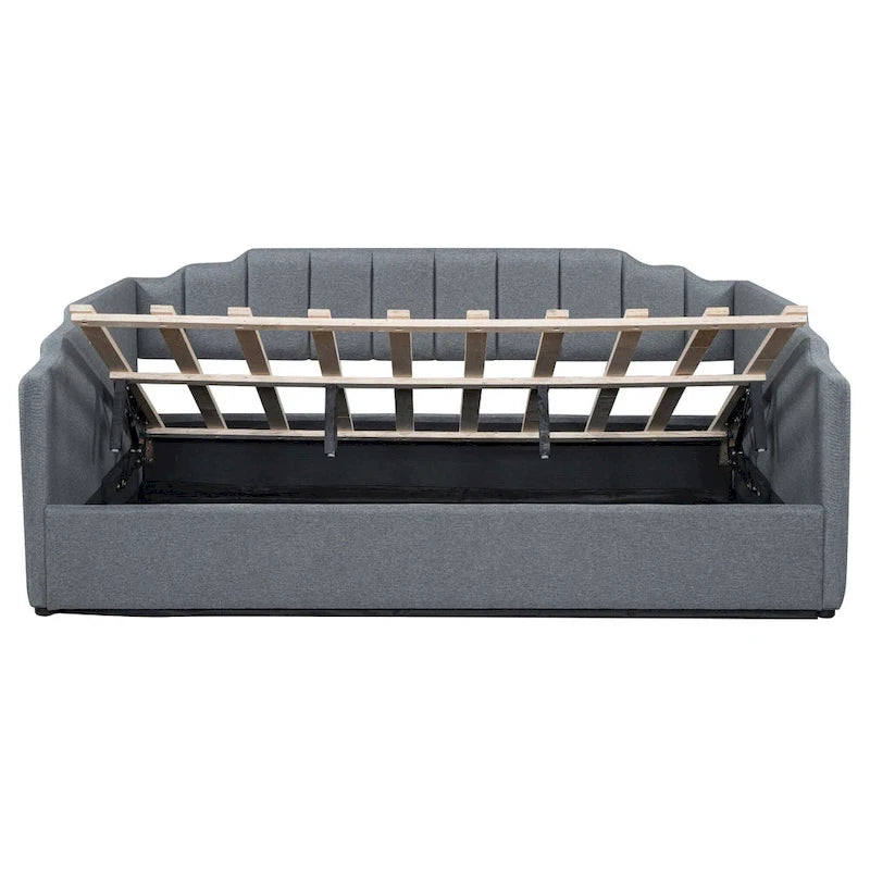 Upholstered Frame Daybed with Underneath Flip-up Storage and Irregular Guardrail, Full Size Sofa Bed for Bedroom Living Room