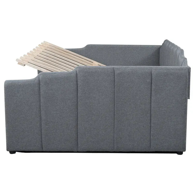 Upholstered Frame Daybed with Underneath Flip-up Storage and Irregular Guardrail, Full Size Sofa Bed for Bedroom Living Room