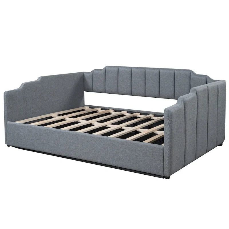 Upholstered Frame Daybed with Underneath Flip-up Storage and Irregular Guardrail, Full Size Sofa Bed for Bedroom Living Room