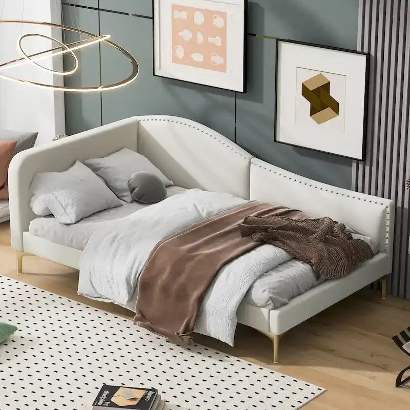 Upholstered Chaise Lounge Side Daybed with Curved Nailhead Trim Guardrail and Headboard, Platform Bed Sofa Bed Recliner Chairs