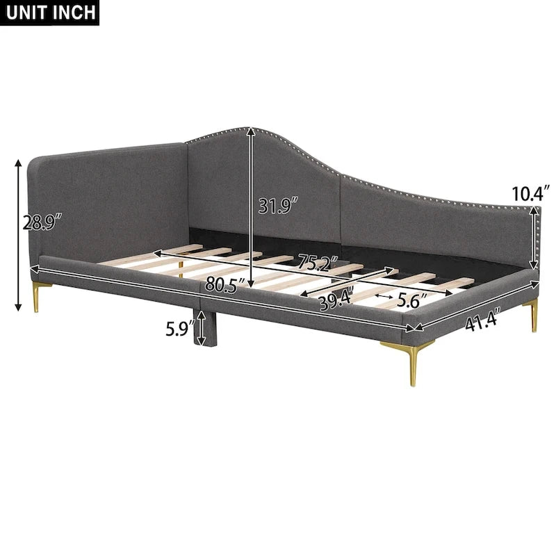 Upholstered Chaise Lounge Side Daybed with Curved Nailhead Trim Guardrail and Headboard, Platform Bed Sofa Bed Recliner Chairs