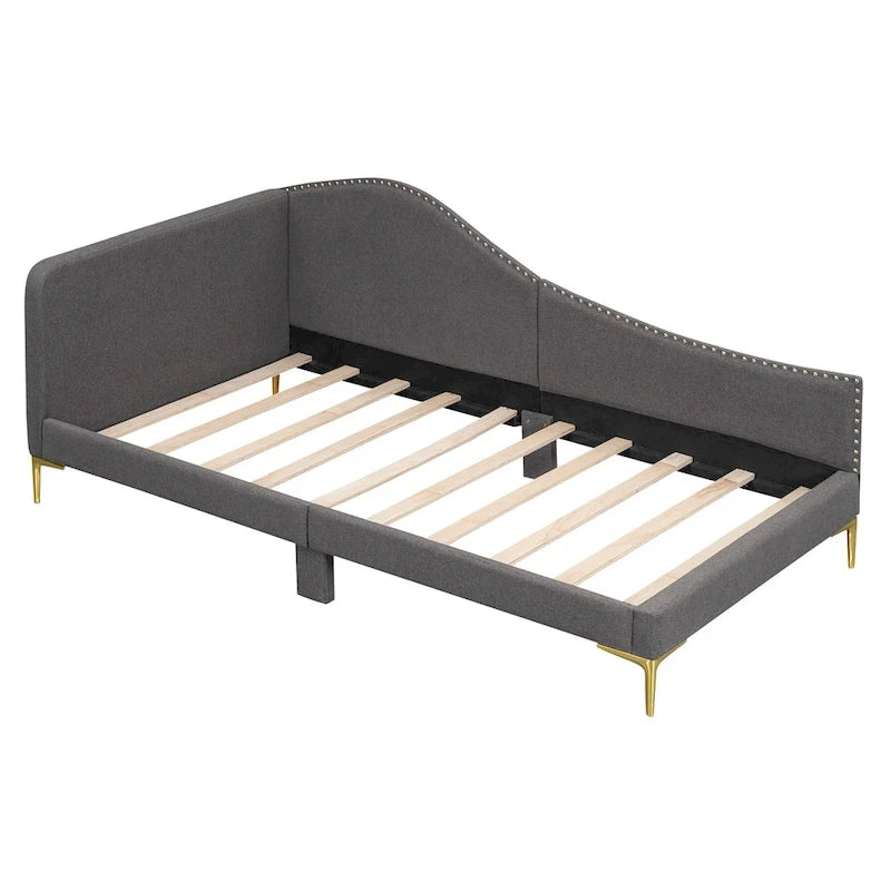 Upholstered Chaise Lounge Side Daybed with Curved Nailhead Trim Guardrail and Headboard, Platform Bed Sofa Bed Recliner Chairs