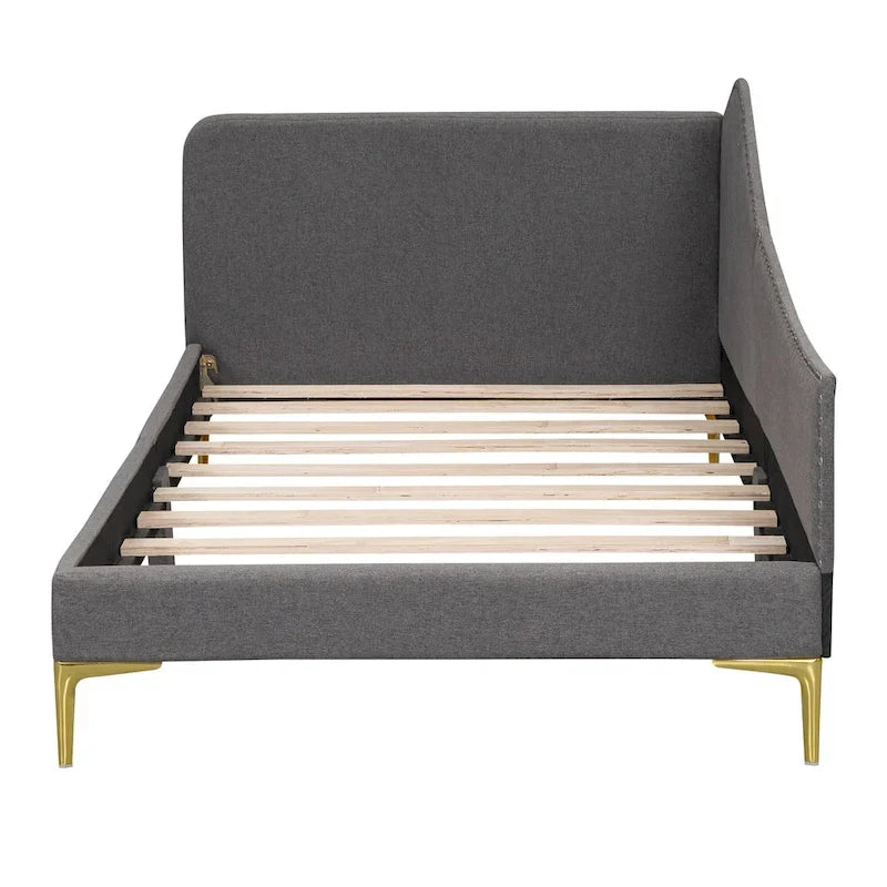 Upholstered Chaise Lounge Side Daybed with Curved Nailhead Trim Guardrail and Headboard, Platform Bed Sofa Bed Recliner Chairs