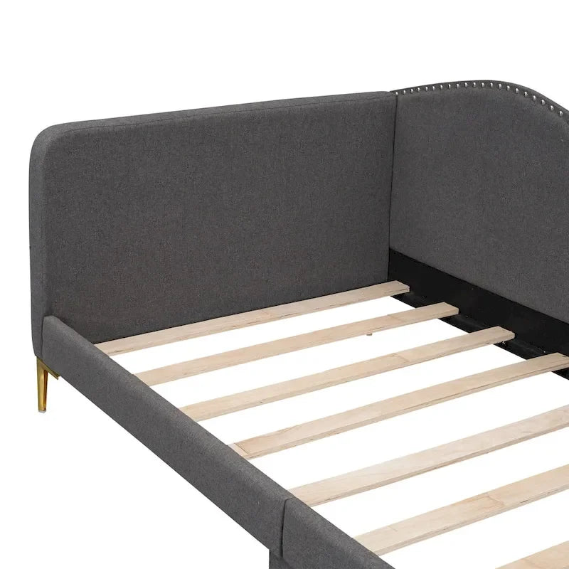 Upholstered Chaise Lounge Side Daybed with Curved Nailhead Trim Guardrail and Headboard, Platform Bed Sofa Bed Recliner Chairs