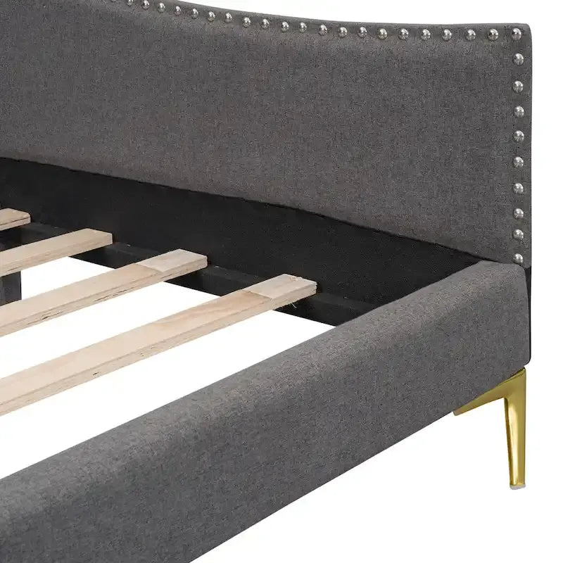 Upholstered Chaise Lounge Side Daybed with Curved Nailhead Trim Guardrail and Headboard, Platform Bed Sofa Bed Recliner Chairs