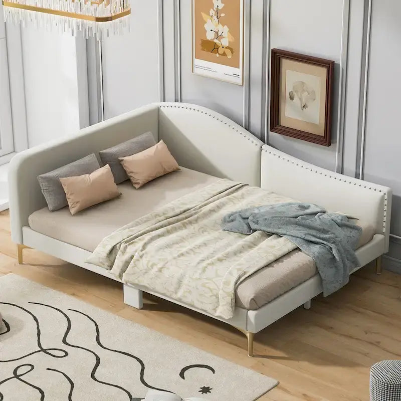 Upholstered Chaise Lounge Side Daybed with Curved Nailhead Trim Guardrail and Headboard, Platform Bed Sofa Bed Recliner Chairs