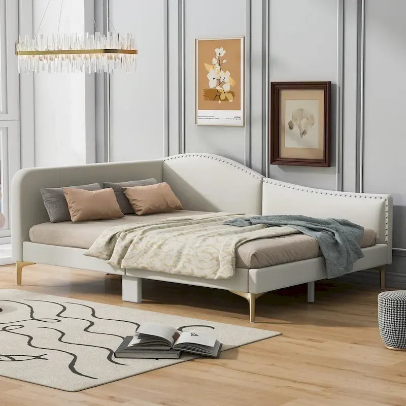 Upholstered Chaise Lounge Side Daybed with Curved Nailhead Trim Guardrail and Headboard, Platform Bed Sofa Bed Recliner Chairs