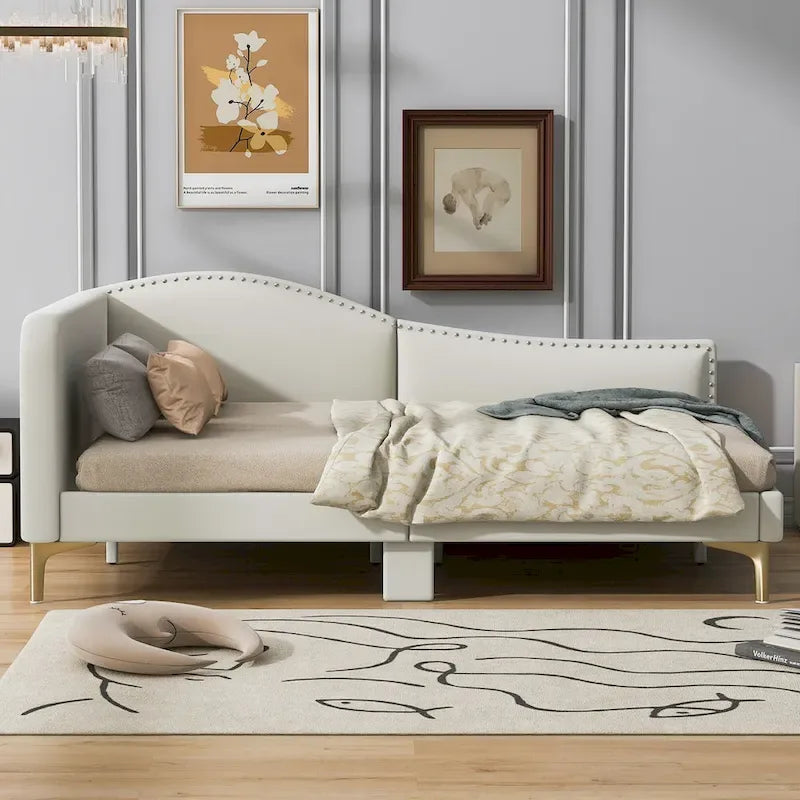 Upholstered Chaise Lounge Side Daybed with Curved Nailhead Trim Guardrail and Headboard, Platform Bed Sofa Bed Recliner Chairs
