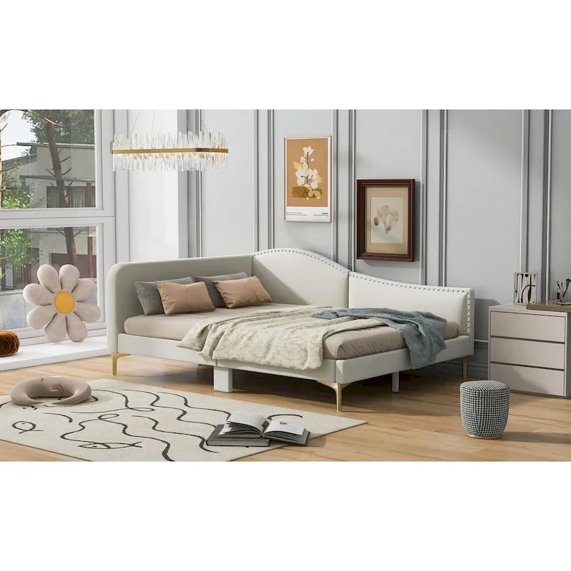 Upholstered Chaise Lounge Side Daybed with Curved Nailhead Trim Guardrail and Headboard, Platform Bed Sofa Bed Recliner Chairs