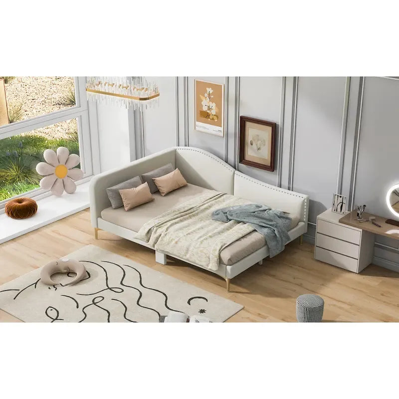 Upholstered Chaise Lounge Side Daybed with Curved Nailhead Trim Guardrail and Headboard, Platform Bed Sofa Bed Recliner Chairs