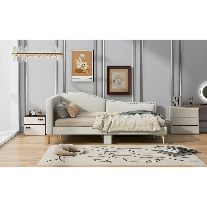 Upholstered Chaise Lounge Side Daybed with Curved Nailhead Trim Guardrail and Headboard, Platform Bed Sofa Bed Recliner Chairs
