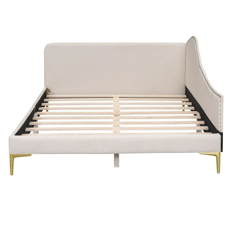 Upholstered Chaise Lounge Side Daybed with Curved Nailhead Trim Guardrail and Headboard, Platform Bed Sofa Bed Recliner Chairs