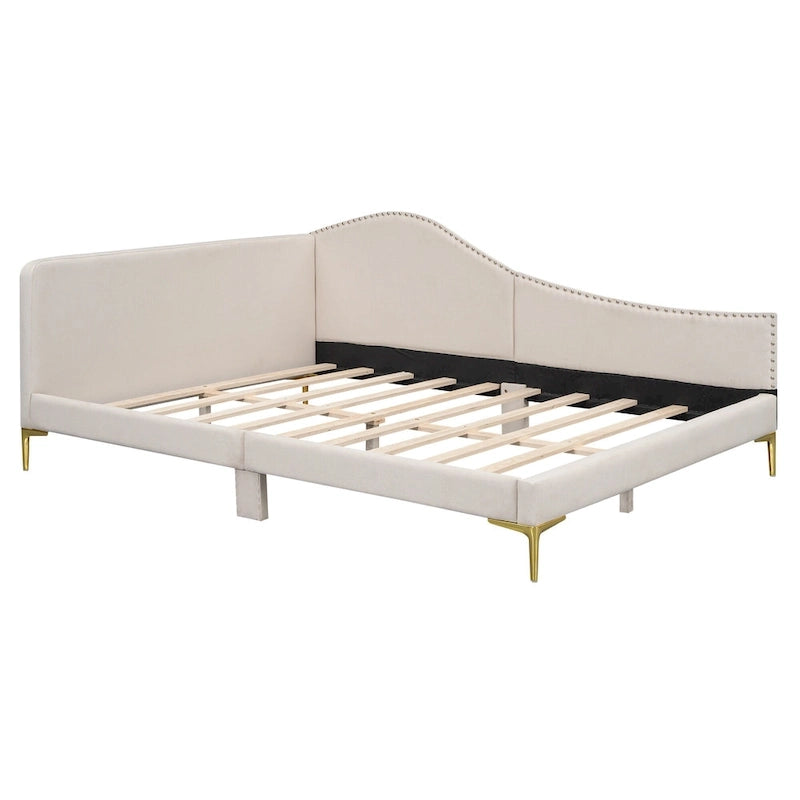 Upholstered Chaise Lounge Side Daybed with Curved Nailhead Trim Guardrail and Headboard, Platform Bed Sofa Bed Recliner Chairs