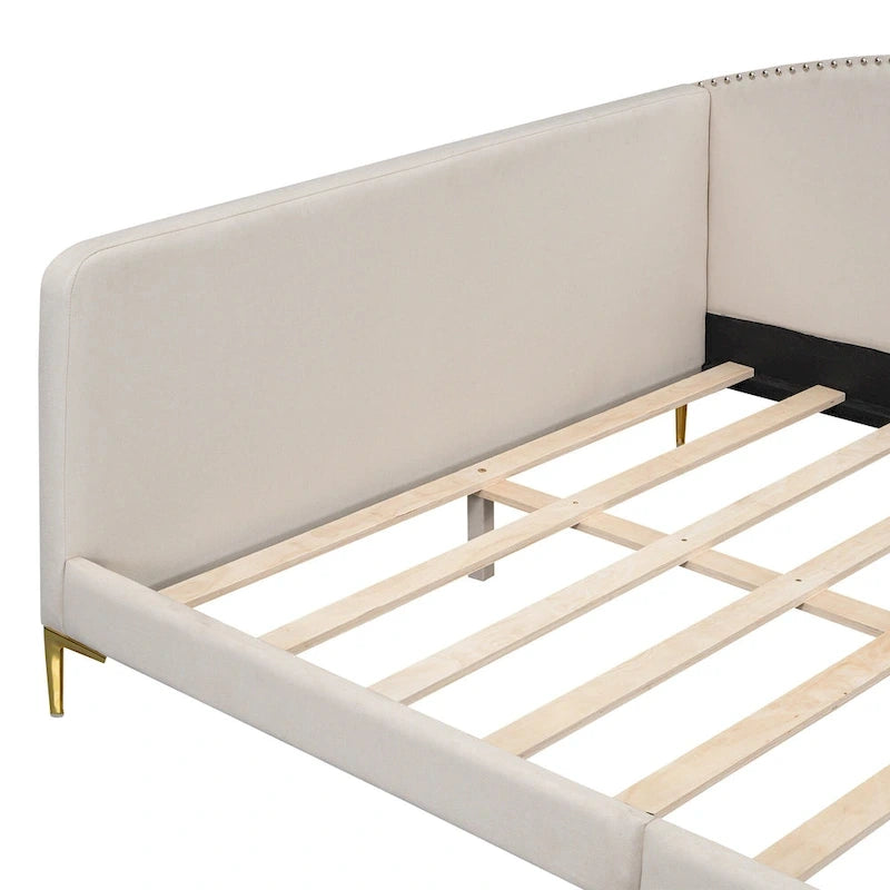 Upholstered Chaise Lounge Side Daybed with Curved Nailhead Trim Guardrail and Headboard, Platform Bed Sofa Bed Recliner Chairs