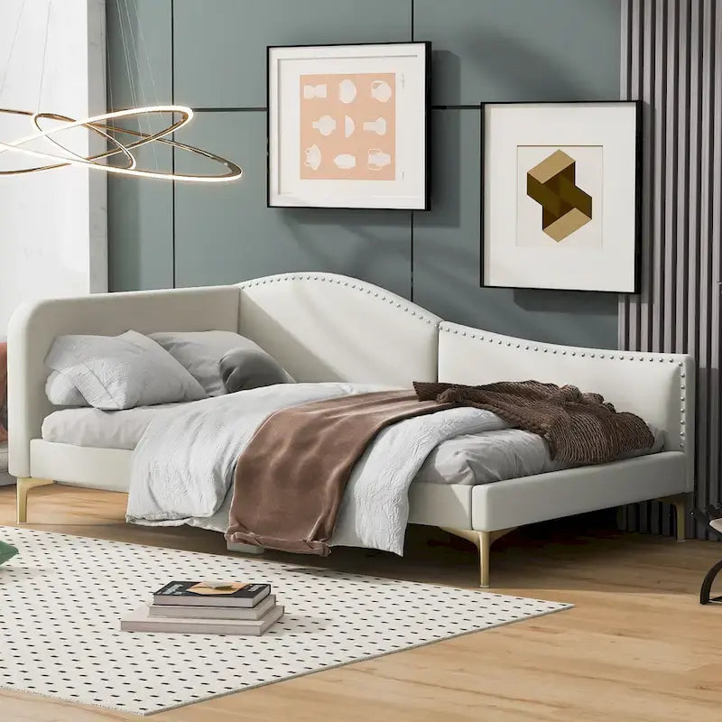 Upholstered Chaise Lounge Side Daybed with Curved Nailhead Trim Guardrail and Headboard, Platform Bed Sofa Bed Recliner Chairs