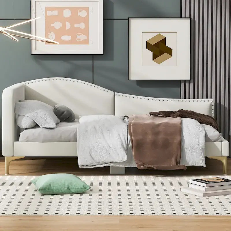 Upholstered Chaise Lounge Side Daybed with Curved Nailhead Trim Guardrail and Headboard, Platform Bed Sofa Bed Recliner Chairs