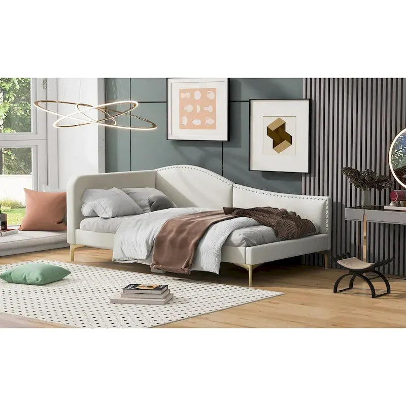 Upholstered Chaise Lounge Side Daybed with Curved Nailhead Trim Guardrail and Headboard, Platform Bed Sofa Bed Recliner Chairs
