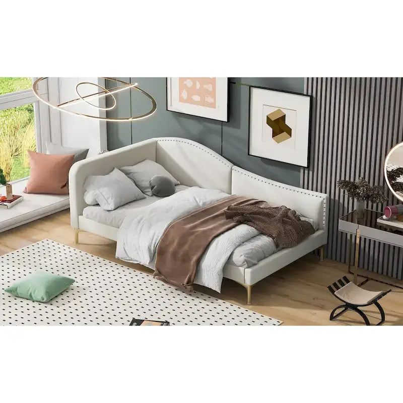 Upholstered Chaise Lounge Side Daybed with Curved Nailhead Trim Guardrail and Headboard, Platform Bed Sofa Bed Recliner Chairs