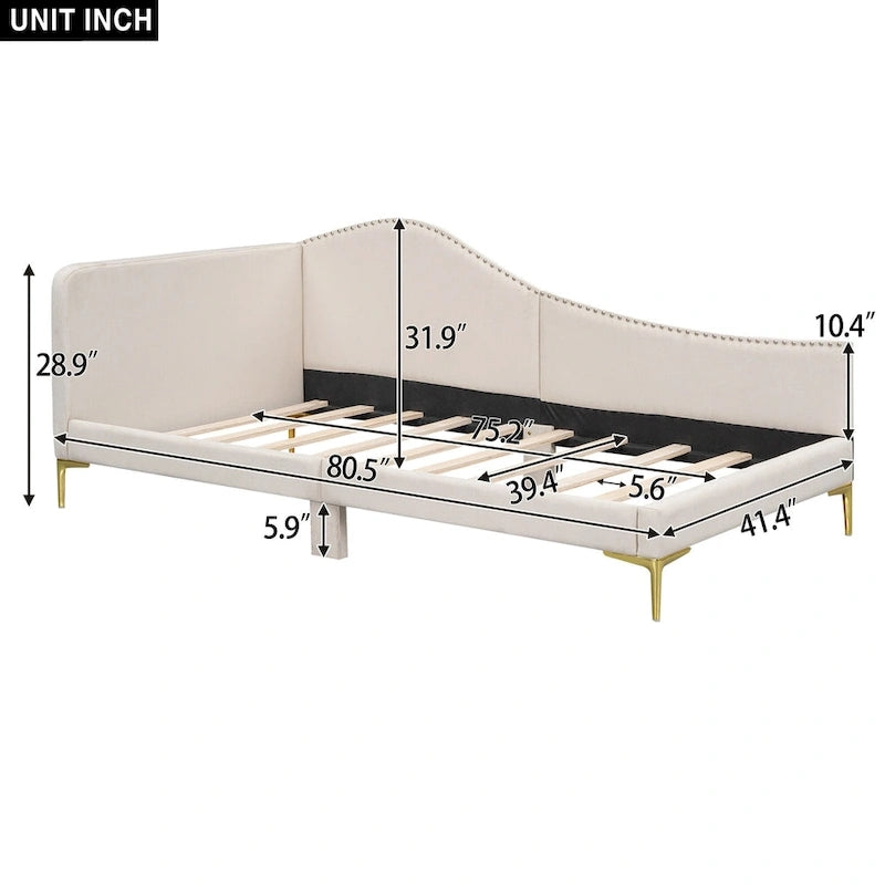 Upholstered Chaise Lounge Side Daybed with Curved Nailhead Trim Guardrail and Headboard, Platform Bed Sofa Bed Recliner Chairs