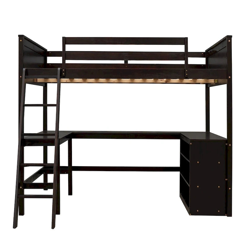 Full size Loft Bed with Shelves and Desk, Wooden Loft Bed with Desk