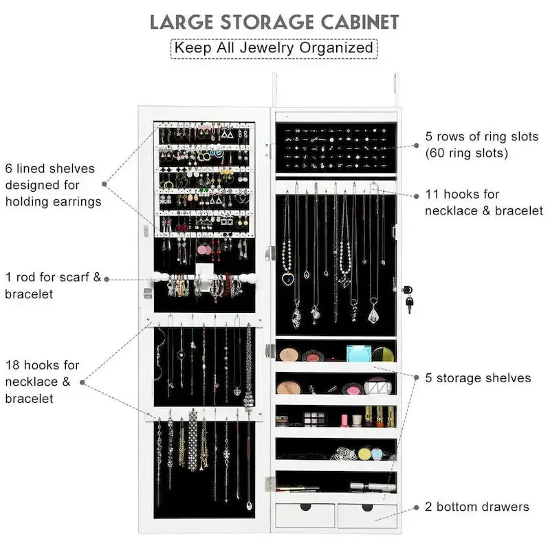 Costway Wall Mounted Mirrored Jewelry Cabinet Organizer w/LED Lights