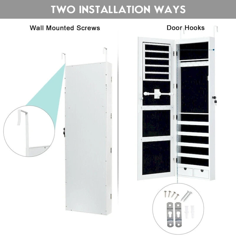 Costway Wall Mounted Mirrored Jewelry Cabinet Organizer w/LED Lights