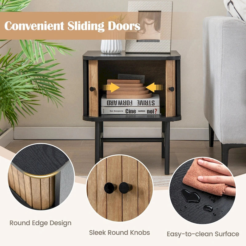 Costway Sliding Door Nightstand Mid-century Modern Storage End Table